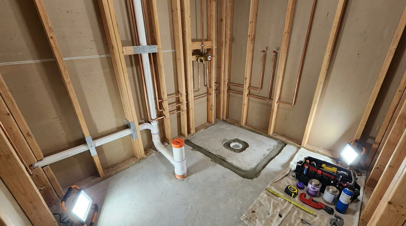 Bathroom rough-in plumbing during remodel by Johns Plumbing LLC in Moravian Falls