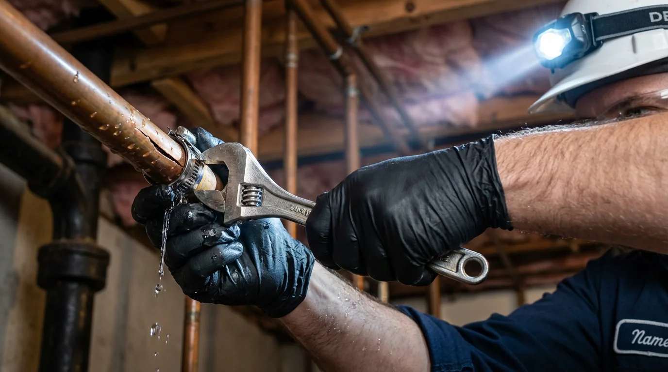 Emergency pipe clamp repair being performed by a Johns Plumbing LLC plumber in Moravian Falls