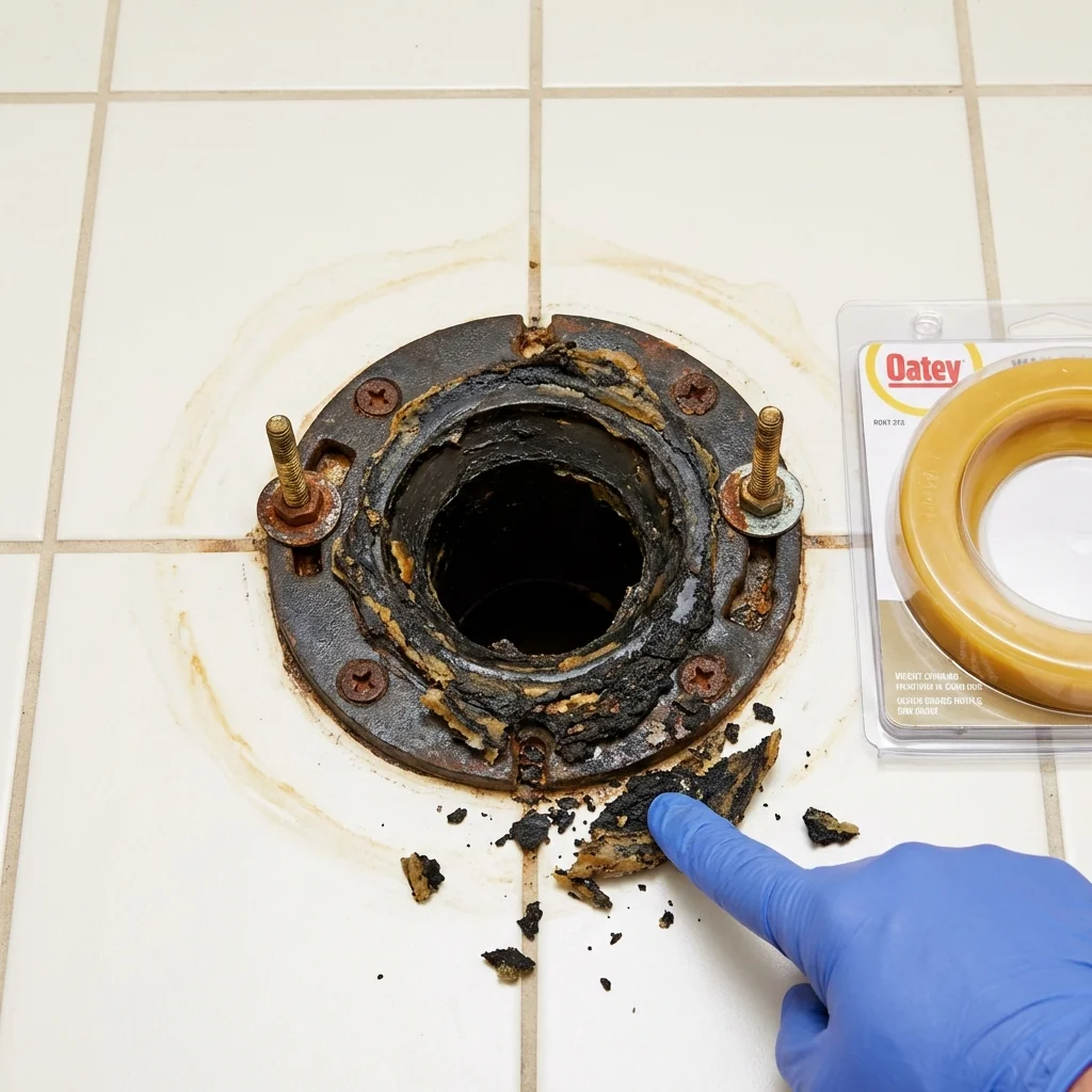 Failed wax ring showing water seepage at the base of a toilet in a Moravian Falls, NC home