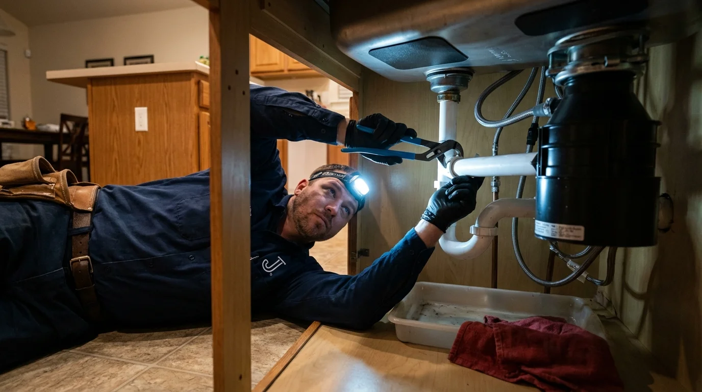 P-trap and supply line connections under a kitchen sink showing a common leak point in Moravian Falls, NC